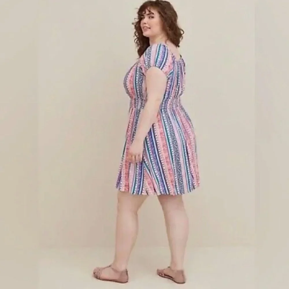 Torrid plus size 1x mini lenny smocked off shoulder dress floral stripe festival - Picture 2 of 8